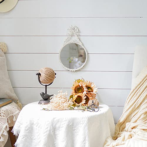 Soffee Design 8'' Wall Mounted Round Mirror Decorative With Minimalist White Bow For Hanging, Rustic Hanging Mirrors With Ribbon Decor For Bedroom, Dressers, Living Room, Antique White #TOP1