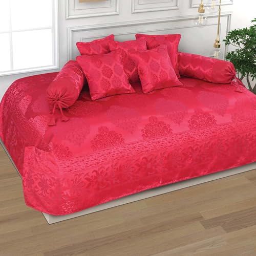 Image of Victor Poly Cotton Styria Satin Geometrical Pattern Diwan Set - 8 Pcs (Maroon, Bed Cover - 60 inchx90 inch, 2 Bolsters - 16 inch x 32 inch & 5 Cushion Covers - 16 inch x 16 inch)