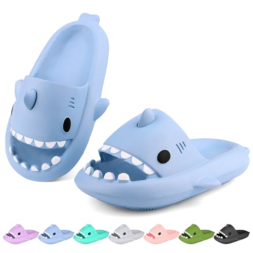 LUYOO LUYOO Kids Shark Cloud Slides - Boys and Girls Slip On Sandals, Toddler Beach Slippers, Youth Fish Pool Shower Shoes (Haze Blue, 3-4 Big Kids)