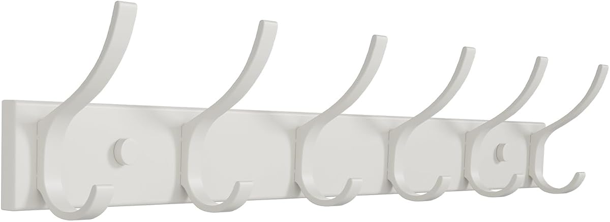 Coat Rack Wall Mount with 6 Hooks (White, 1 Pack), Heavy Duty Wall Coat Hooks for Entryway, Bedroom, Closet, Hanging Hats, Bags, Purses