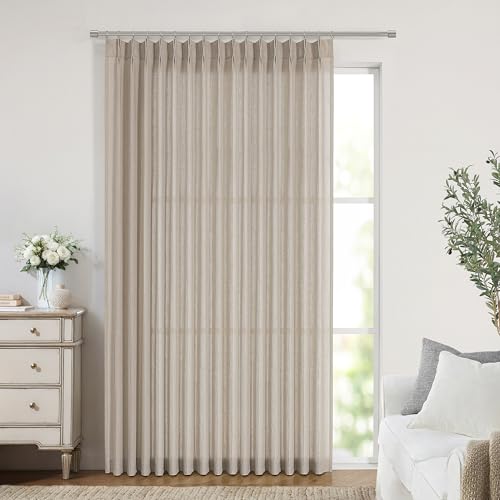 Image of Vision Home Sand Pinch Pleated Semi Sheer Curtains Textured Linen Blended Light Filtering Window Curtains 95 inch for Living Room Bedroom Patio Pinch Pleat Drapes with Hooks 1 Panel 84 inch Wx95 L