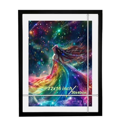 Betionol Diamond Painting Frames, Display 12x16in/30x40cm Diamond Painting Pictures or Photos, Black Natural Solid Wood Picture Frame with Acrylic Protection Glass, Back Mat And Hanging Kit
