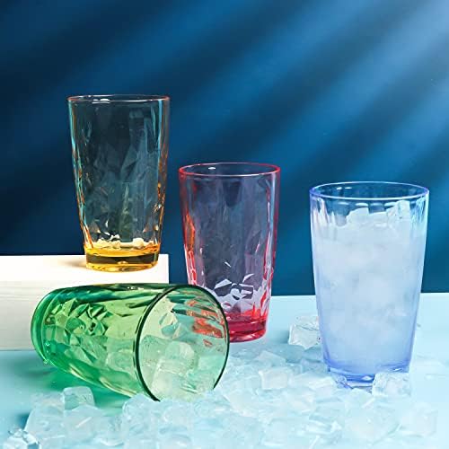 Vuisut Plastic Glasses Tumblers Set of 4 - Highball Glass Large Stackable Coloured Picnic Tumblers Reusable Dishwasher Safe BPA Free (16OZ Color)
