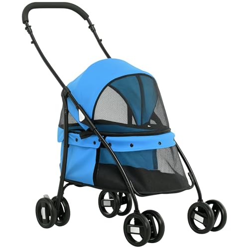 PawHut Passeggino per Cani Pieghevole con Tettuccio Regolabile, Borsa e 2 Guinzagli, Passeggino per Animali in Tessuto Oxford e Acciaio, 82x47x97 cm, Blu e Nero