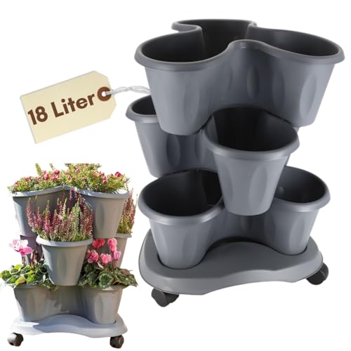 Pflanzturm Erdbeerturm 3er Set Säulentopf Stapelbar Kräuterspirale 3 Stöckiger Blumentopf Vertikaler Garten Kräutergarten Hochbeet Pflanzkübel mit Rollen Grau