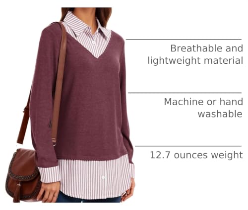 Image of Oyamiki Women's Casual Collared Curved Hem 2 in 1 Pullover Tops Plaid Contrast Shirt Blouse