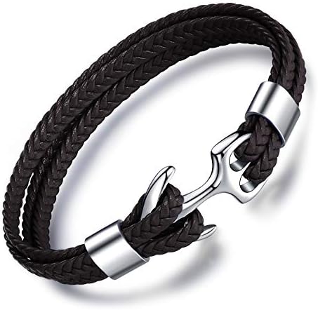 MicLee Men's Genuine Leather Bracelet Titanium Clasp Anchor Bracelets 8.86"(22.5cm) with Free Giftbox Giftcard
