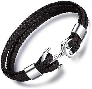 MicLee Men's Genuine Leather Bracelet Titanium Clasp Anchor Bracelets 8.86"(22.5cm) with Free Giftbox Giftcard