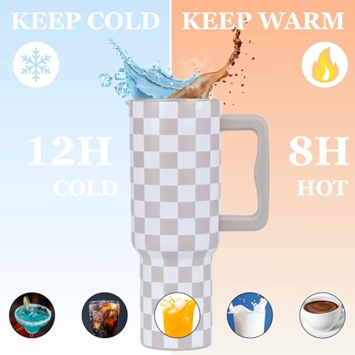 Image of Tumbler with lid and Straw 1200ML Cup Stainless Steel Vacuum Insulated Cup for Water, Iced Tea or Coffee 1.2L Office Gym Travelling; Tumbler with Straw. (40-Oz-Skin Checks)