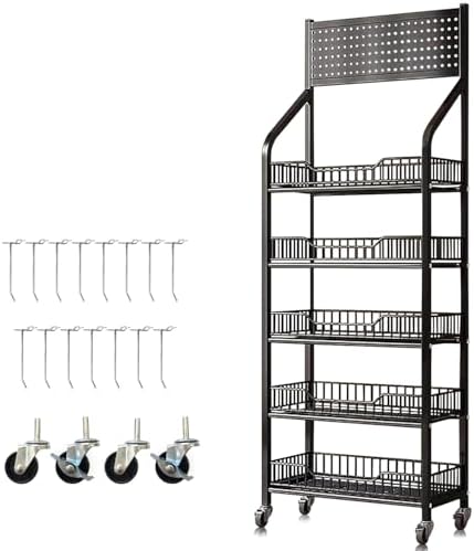 5-Tier Rolling Metal Candy Display Rack with Hooks - Durable Snack Storage Shelf for Retail, Kitchen, Office - Concession Treat Organizer, Black, 19.7 * 10.6 * 65 in - Ideal for Desserts & Snacks