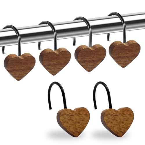 Shower Curtain Hooks Wood Decorative Shower Curtain Rings Modern Round Log Shower Curtain Hangers 12PCS Shower Hooks for Shower Curtain Rod Bedroom Living Room (Heart-Black)