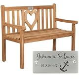 Sterngraf Hochzeitsbank mit Gravur zB Anker (Namen), Gartenbank Herz 120cm, Edelstahlschild personalisiert, Teakholz Bank Geschenk für Paare Hochzeit Trauung Vermählung