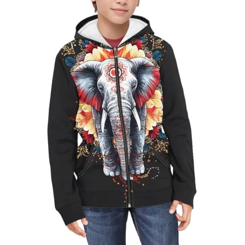 GLUDEAR Boys Girls Bohemian Elephant Print Zip Up Hoodie Unisex Kids Pocket Hooded Sweatshirt 6-16 Years3