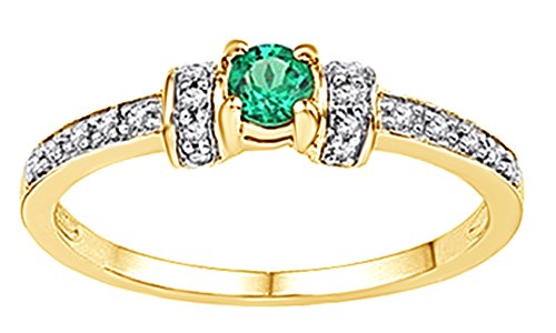 AFFY 1/10 Ct Simulated Green Emerald with CZ Solitaire Engagement Ring in14K Yellow Gold Over Sterling Silver