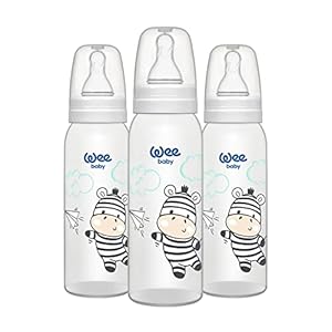 Wee Baby (3-Pack) Plastic Baby Bottle | BPA Free Feeding Bottles with Rounded Teat to Mimic Breastfeeding | White, Pink & Blue Baby Bottles Made with Safe Silicone | 125 & 250 ml Baby & Toddler Bottle