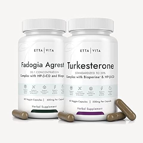 Fadogia Agrestis 600mg + Turkesterone 500mg Bundle (2X More Pure - 20% Std Extract) (3X Absorbency with BioPerine & Hydroxypropyl-Beta-Cyclodextrin) Supports Healthy Muscle Recovery, Stamina - Vegan Cover