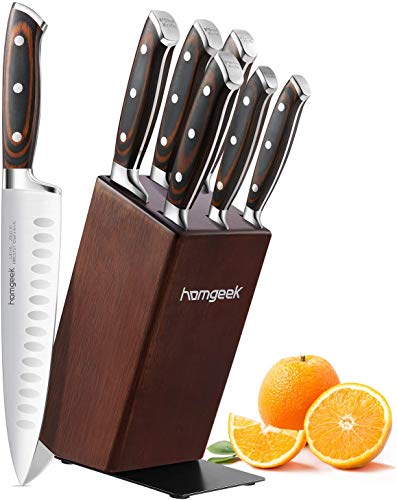 Kitchen Knife Set 7 Pieces with Oak Wooden Block and Ergonomic Pakkawood Handle, homgeek High Carbon 1.4116 Stainless Steel Professional Sharp Chef Knife Block Set Forged, Full-Tang Design