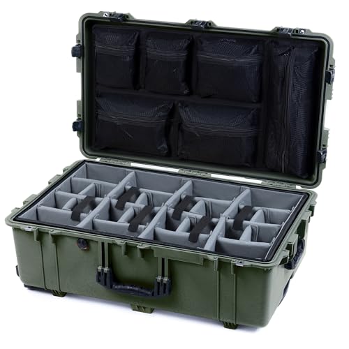ColorCase Pelican 1650 Case OD Green - Large Sized Waterproof Rolling Case with Grey Padded Dividers & Mesh Lid Organizer - Black Handles & Latches