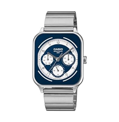 Casio Analog Watch MTP-M307D-2BV, Blue Dial, Square Case, Stainless Steel Band, Day/Date Display, 24-Hour Clock, 50M Water Resistant