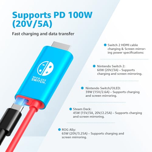 Image of Switch 2 Dock Station HDMI Cable Adapter 4K@60Hz 18Gbps 6.7ft PD 100W USB C to HDMI 2.0 Converter, Portable &Travel TV Connector Cord Compatible with Nintendo Switch 2 /OLED /2017, Blue