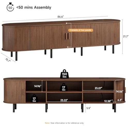 Image of ONBRILL 86.6 inch TV Stand with Power Outlet for TVs up to 90 Inch, Entertainment Center with Storage and Adjustable Shelves, Modern Media Console with Sliding Doors for Living Room, Walnut