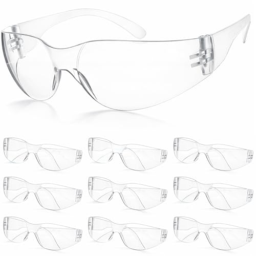 10 Pack Clear Safety Glasses for Men Women, ANSI Z87.1 Certified Scratch & Impact Resistant Wrap Around Lens, Eye Protection Glasses Protective Eyewear Goggles for Lab, Carpentry, Construction (Clear)