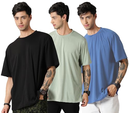 Image of RodZen Oversized Baggy Fit Half Sleeves Round Neck Solid Cotton Blend Combo T-Shirt for Men (Pack of 3)