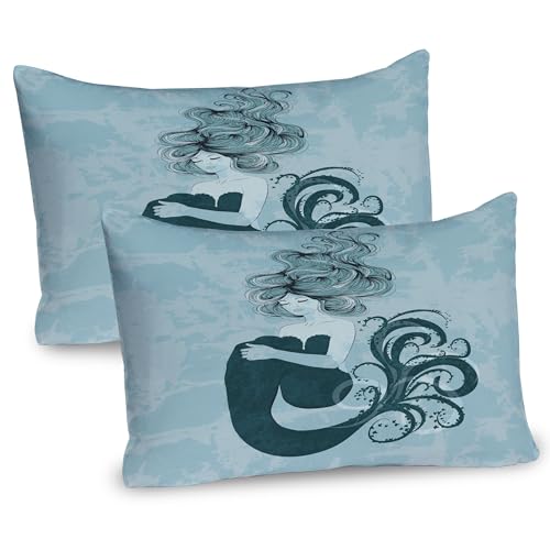 Ambesonne Mermaid Pillow Sham Set of 2, Sleeping Girl Design Wavy Hair Hand Drawn Effect Grungy Backdrop, Quality Microfiber Bedding Item for All Seasons, 26