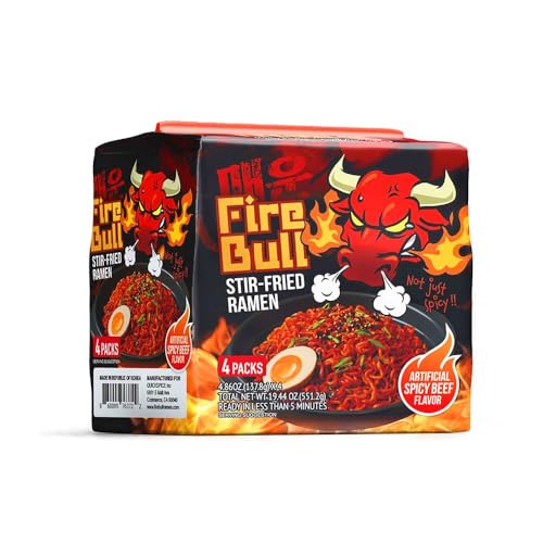 FIRE BULL RAMEN [Fire Bull Ramen] Spicy, Intense Fried Ramen, Authentic Korean Heat Meets Tasty Delight, Thick Chewable Noodles, Quick & Easy Meal (4 Bags)