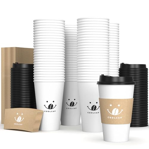 Coolcap 100 Pack 12oz Disposable Coffee Cups with Lids and Sleeves, To Go Paper Cups for Hot & Cold Beverages