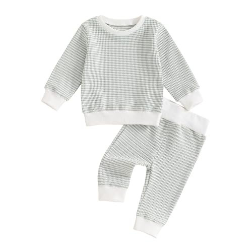 Image of ZAXARRA Baby Boy Fall Clothes Long Sleeve Toddler Boy Waffle Sweatshirt Pullover Tops Pants Infant Fall Winter Outfits