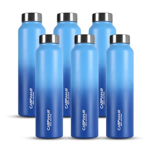 Image of CASPIAN / / / Astra ISI Certified Stainless Steel Water Bottle 1ltr. (M Blue, 1 Litre, Set of 6) | Leak Proof Thunder for Fridge Home Office Travel School Kids Boys Girls Adults Sports Gym Yoga|BPA Free
