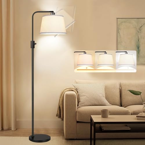 TUXOIUBA Modern Arc Floor Lamp 165cm, Dimmable LED with 3 Color Temperatures, Adjustable Head, Linen Shade, 2.2kg Stable Base