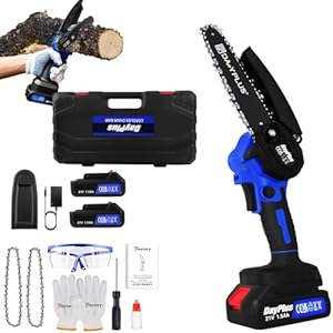 Tronçonneuse sans fil 21 V, 6 pouces, bleue, mini tronçonneuse avec 2 batteries, 2 chaînes, scie à main électrique, avec serrure de sécurité, pour le jardinage, l'élagage des arbres, la coupe du bois