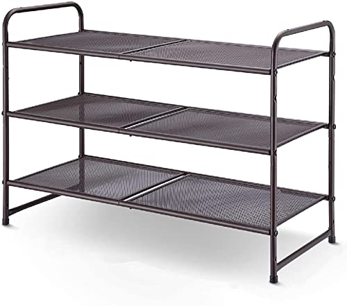 Simple Trending 3 Tier Stackable Shoe Rack, Expandable Adjustable Shoe Shelf Storage Organizer, Metal Mesh, Bronze