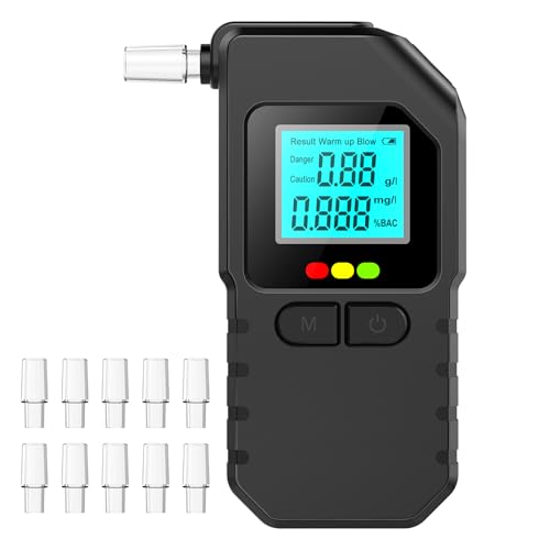 Portable Breathalyzer for Personal Use- Alcohol Detector with 10 Replaceable Mouthpieces Fast & Accurate BAC Tester LCD Digital Display for Car Home Party