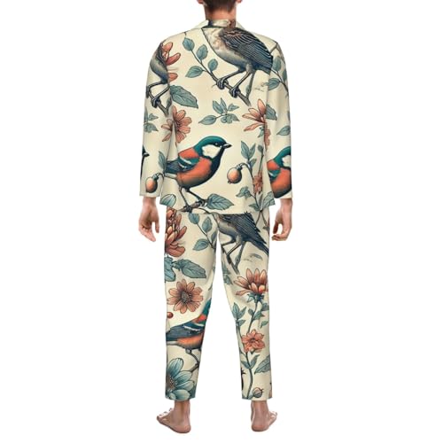 Mens Long Sleeves Pajama Set Birds Shore Floral Vintage Cozy Two-Piece Loungewear For Nighttime Comfort,Casual Wear4
