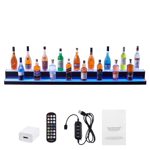 Happybuy 72-Inch LED Lighted Liquor Bottle Display, 2-Tier Acrylic Whiskey Rack Shelf, Commercial Home Bar Stand with RF Remote & App Control, Multicolor Lighting, Adjustable Power