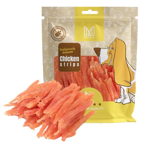 MERSJO Hundeleckerli - 88% Hoher Fleischanteil, Keine Zusatzstoffe, Getreide- und Zuckerfrei, Leckereien für Hunde zur täglichen Ergänzung, Natürliche Kauhilfe, Weiche Hühnerstreifen, 500g