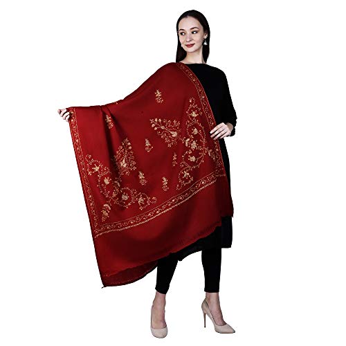 SWI WITH LABEL Chal de lana pura bordado a mano de Cachemira para mujer, Granate, Free Size