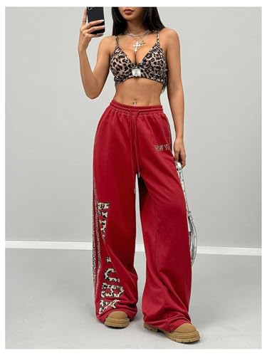 WDIRARA Women's Leopard Letter Graphic Wide Leg Sweatpants Drawstring Waist Workout Baggy Pants4