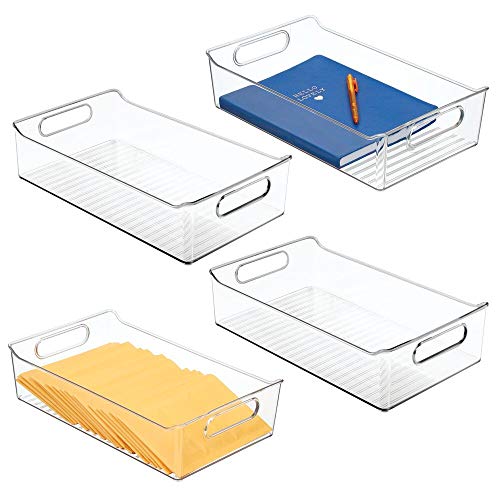 mDesign Plastic Drawer Organizer Tray with Handles for Home Office, Desk Drawer, Shelf, Closet - Holds Highlighters, Pens, Scissors, Adhesive Tape, Paper Clips, Note Pads - 4 Pack - Clear