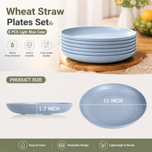 Image of 6PCS 11In Reusable Wheat Straw Deep Plates for Dinner, LightBlue | Unbreakable Plastic Plate with lip edge, Microwave & Dishwasher Safe for Home, Party, Travel