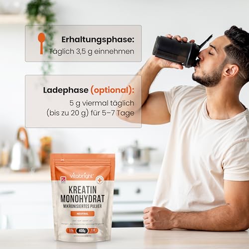 Kreatin Monohydrat Pulver 400 g | 114 Portionen | 200 Mesh ultrafein mikronisiert | Schnell lösliches Creatin | Vegan | VitaBright – Ansicht 4