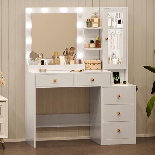 Image of HUANLEGO Vanity Desk with Mirror and Lights, White Makeup Vanity Mirror with Lights Desk with 5 Drawers, Jewelry Organizer& LED Glass Cabinet, 3 Light Mode Dressing Table Set for Girls, Women