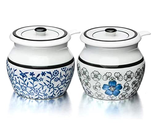 Salero de cerámica con tapa y cuchara, cuencos de sal y pimienta, juego de 2 tarros de porcelana para condimentos, contenedor de especias, caja de condimentos