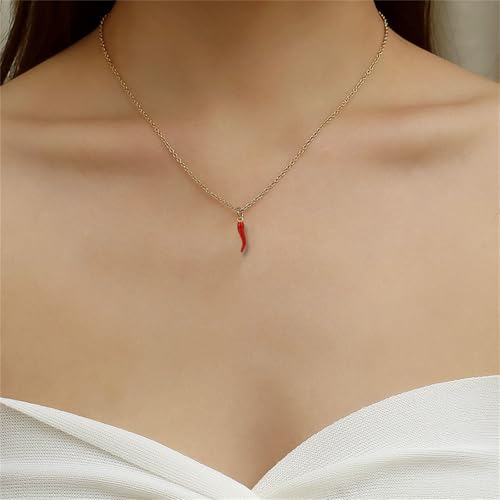 Dreuyet Italian Horn Necklace for Women Men Dainty 14K Gold Plated Cornicello Italian Red Horn Pepper Necklace Amulet Charm Necklaces Good Luck Pendant Talisman Protection Jewelry3