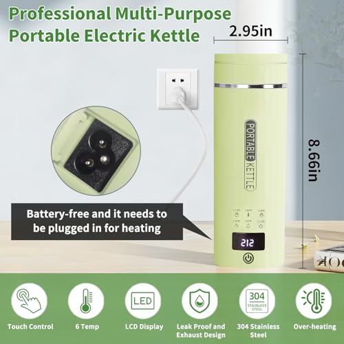 Image of Green Travel Electric Kettle with LCD Display, 6 Temperature Settings, 450ml / 15.2oz, 304 Stainless Steel, Auto Shut-Off and Dry Boil Protection, Compact and Portable Electric Kettle