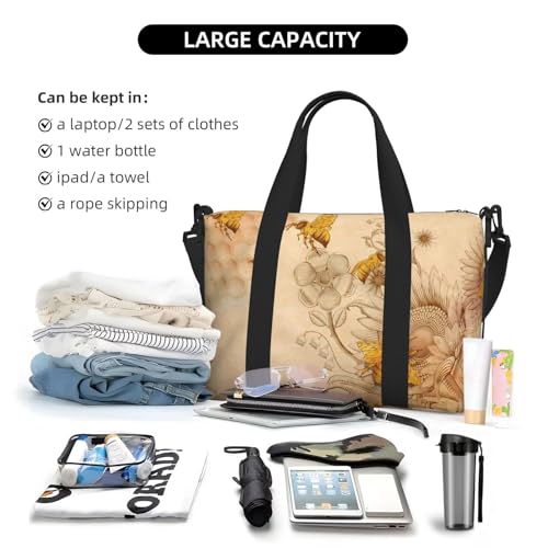 Laptop Tote Bag for Women Work - Retro Hand Drawn Honey Bees Sunflowers Gym Bag for Women Men, Personal Item Crossbody Travel Bags Carry On, Overnight Weekender Bags for Women Travel4