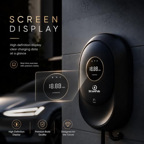 Image of 7.5kW Smart Premium EV Charger, 4.3 inch Display, 5m TPU Cable,App, RFID, BT, Adjustable Power,10+ Advanced Safety Protections | Emergency Switch, Anti-Theft,IP65, 5-Yr Warranty* (Dark Knight)